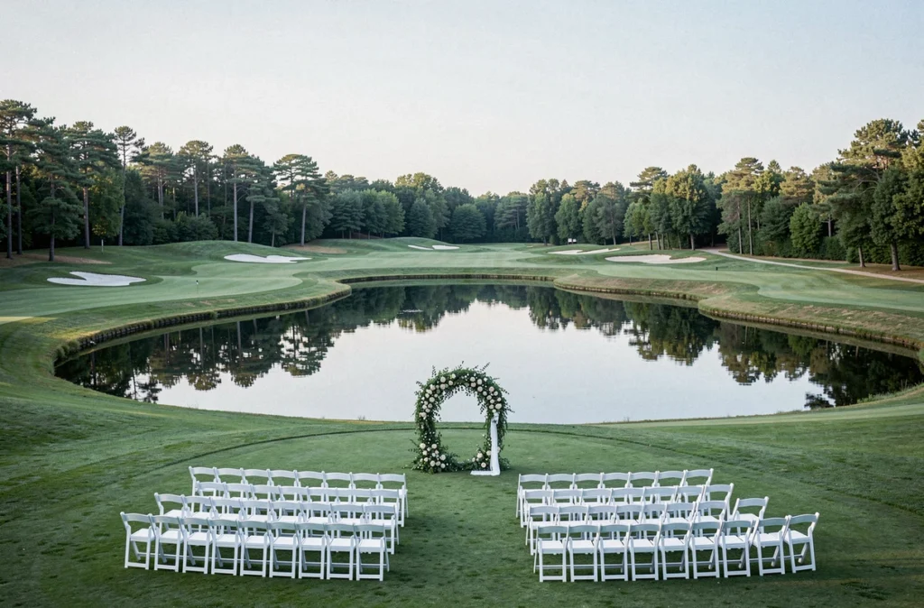 Golf de Donnery en configuration cérémonie de mariage avec chaises blanches alignées sur le green et arc floral face au lac