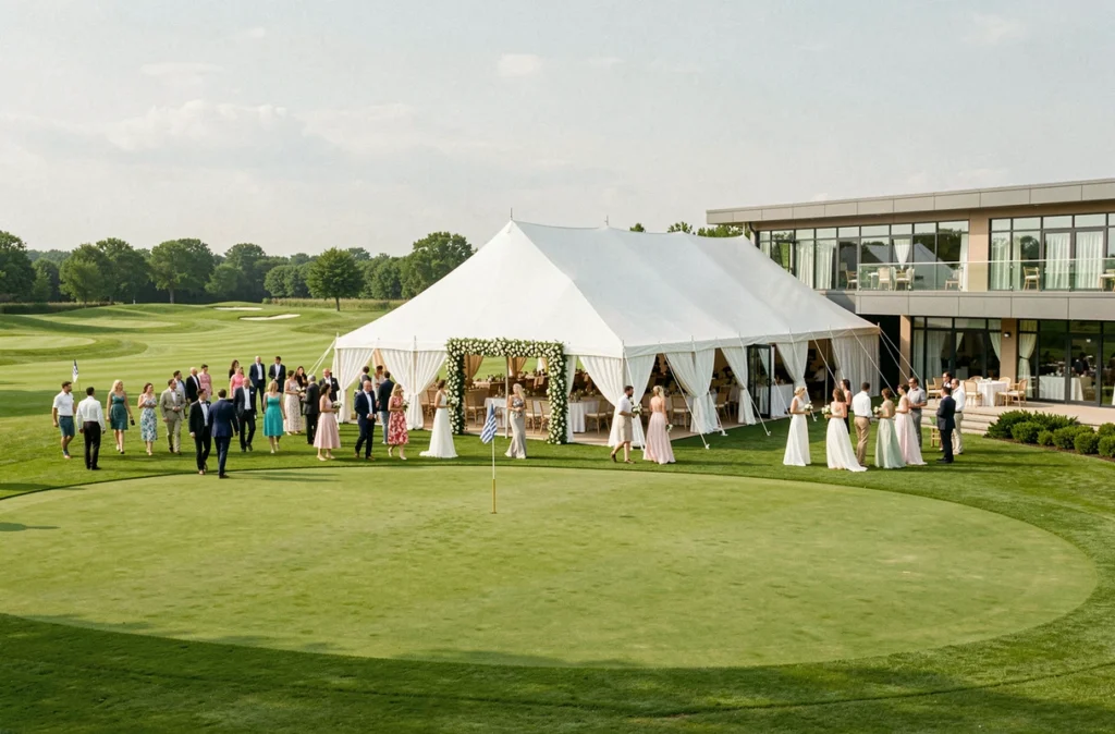 Golf d'Orléans Limère aménagé pour un mariage avec tente de réception sur le green et invités en tenue de cérémonie