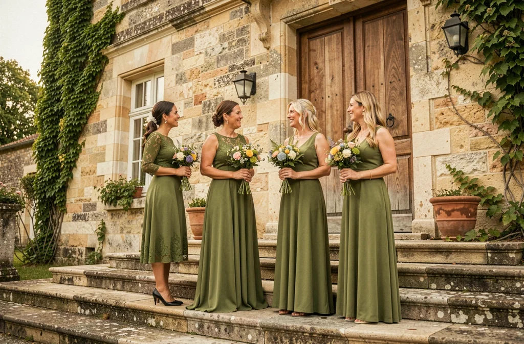 Groupe de demoiselles d'honneur en robes vertes coordonnées devant un château français