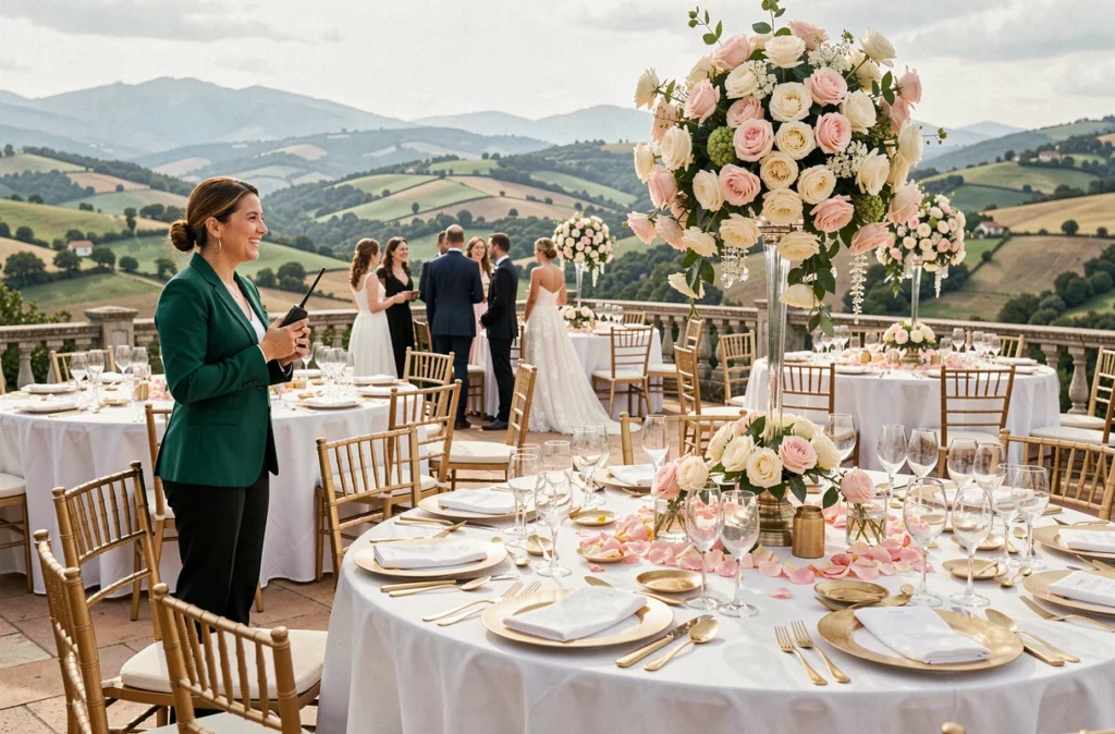 Réception de mariage organisée par Happy Days Réception sur une terrasse en Pyrénées-Atlantiques avec vue sur les collines basques et décoration dorée