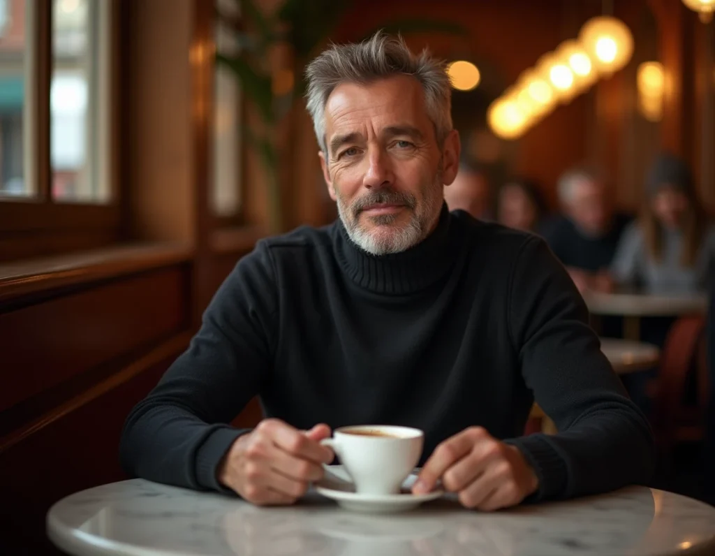 Homme seul dans une brasserie parisienne tenant un café, évoquant la discrétion et l'intimité d'une personnalité publique