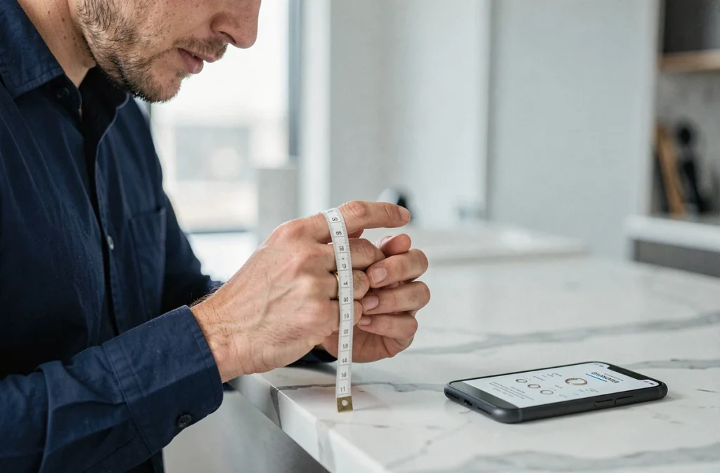 Homme utilisant un mètre ruban souple pour mesurer la taille de son doigt avec un guide de tailles affiché sur smartphone
