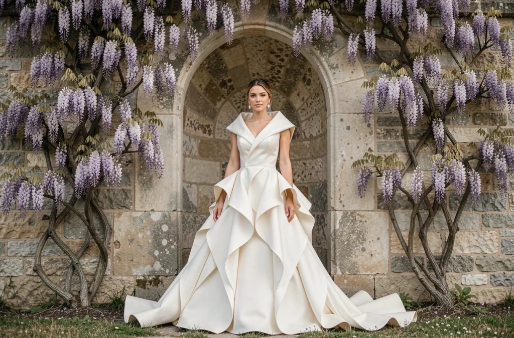 Mariée posant devant un mur en pierre couvert de glycine dans le Loiret, capturée par Jade Riffault artiste photographe