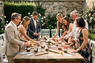Groupe de convives joyeux autour d'une table rustique avec des accessoires de jeux de mariage en plein air