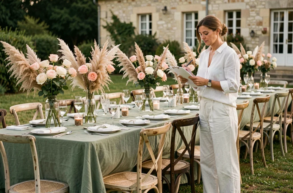 Réception de mariage élégante organisée par Jolie Réception dans un domaine en Charente-Maritime avec tables en lin et compositions florales vintage