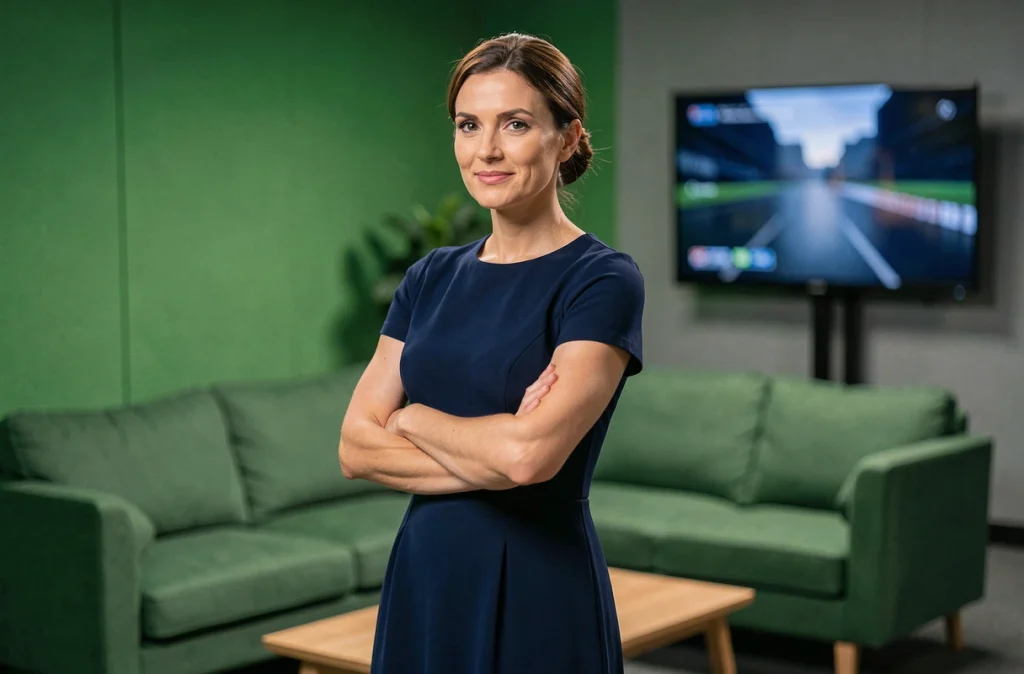 Femme journaliste en coulisses d'un plateau de télévision avant une émission