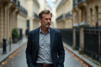 Journaliste discret marchant dans une rue parisienne en automne, illustrant la vie privée préservée d'une personnalité médiatique