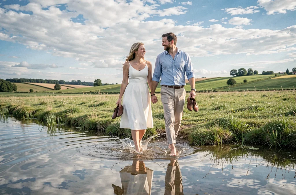 Couple de mariés marchant pieds nus au bord d'un étang du Loiret, dans le style naturel de Julie Photographie