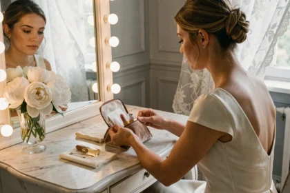 Mariée en robe ivoire préparant son kit de survie minimaliste sur une coiffeuse en marbre dans une suite de château