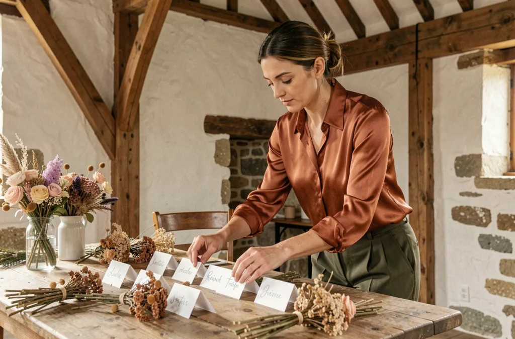 Planificatrice de mariage L'instant T arrangeant des marque-places artisanaux dans une grange en pierre de Dordogne décorée pour un mariage
