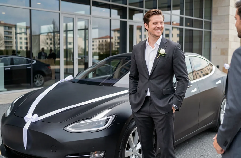 Marié en costume charbon posant devant une Tesla Model S noire moderne avec ruban blanc devant un espace de réception contemporain à Toulouse