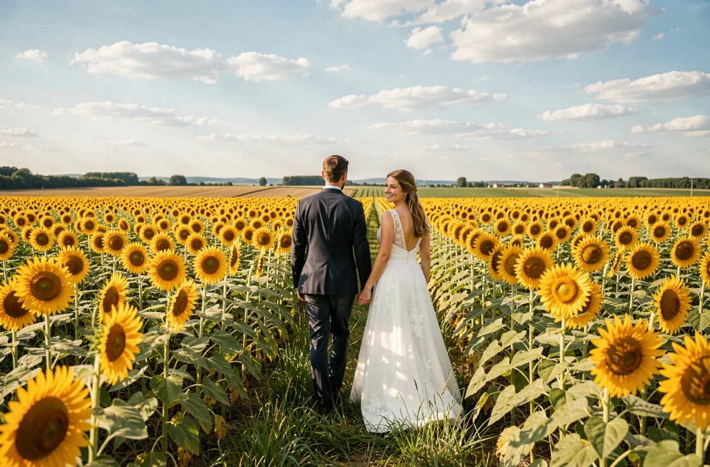 Couple de mariés dans un champ de tournesols du Loiret lors d'une séance photo mariage par LS Photographie
