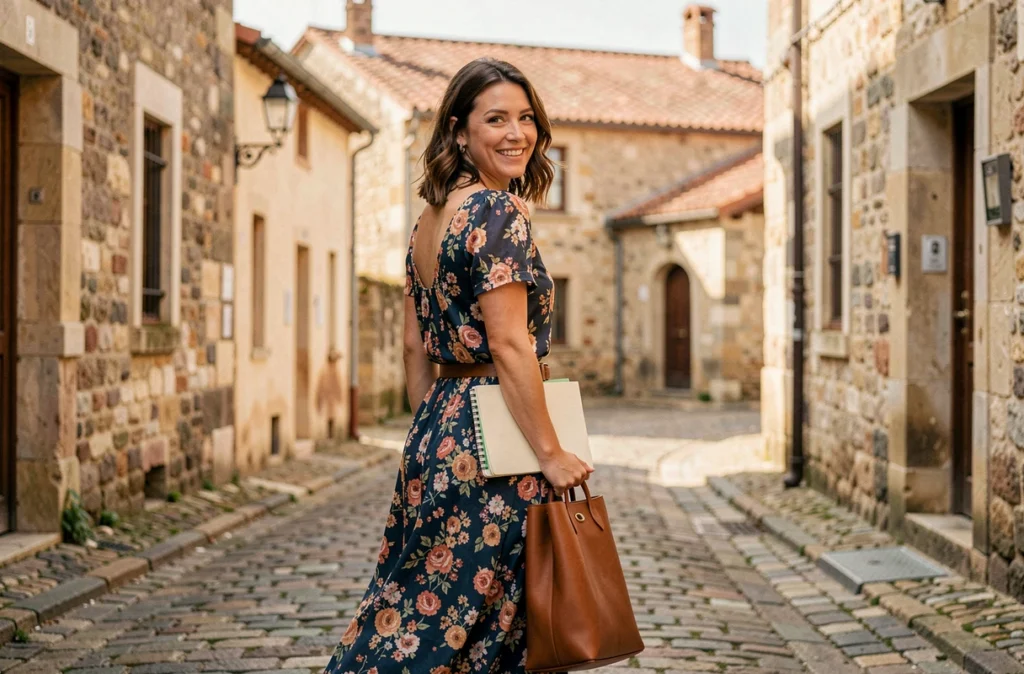 Coordinatrice de mariage Luce Brunerie Weddings & Events marchant dans un village médiéval du Périgord avec carnets et sac en cuir