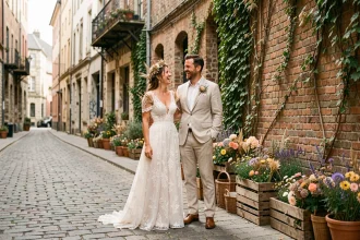Mariés en tenue champêtre devant une rue pavée urbaine décorée de fleurs sauvages et de caisses en bois rustiques