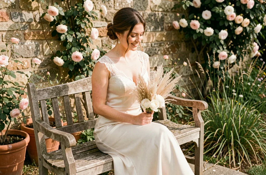 Mariée en robe de soie ivoire assise dans un jardin de campagne française, moment authentique de film de mariage