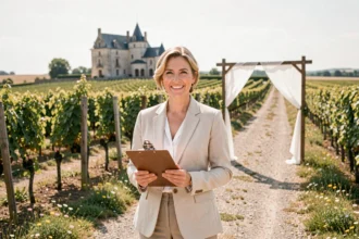 Wedding planner professionnelle dans un vignoble de Nouvelle-Aquitaine devant un château historique, symbolisant l'organisation de mariages dans la région