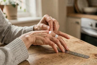 Femme mesurant son tour de doigt avec une bandelette de papier et une règle sur une table en bois