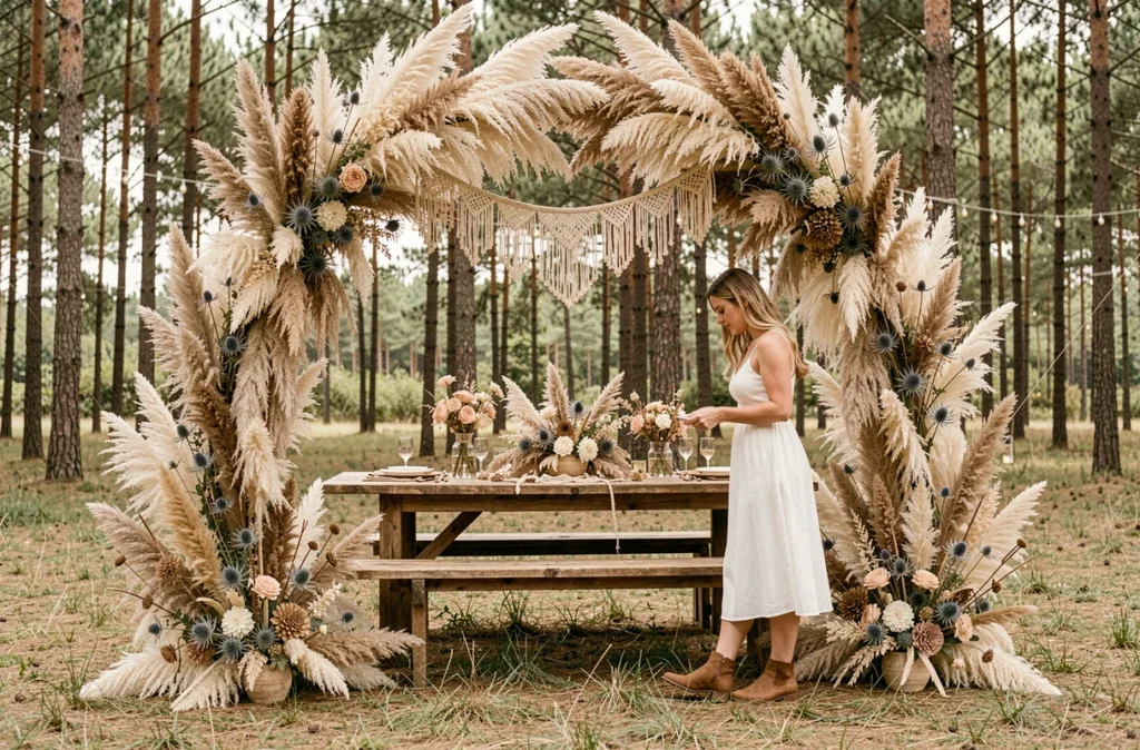 Décoration de mariage bohème de Pampa & Chardon dans les Landes avec arche en pampa, chardons sauvages et tables en bois sous les pins