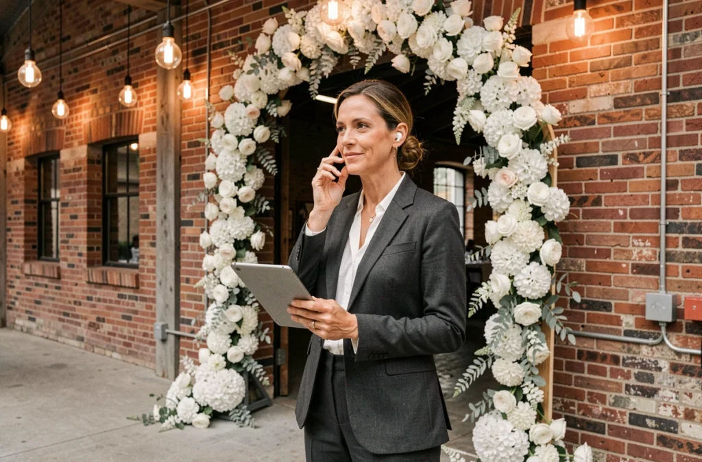 Wedding planner Perfect As Planned coordinatrice debout à l'entrée d'un chai bordelais reconverti en salle de mariage avec arche florale blanche