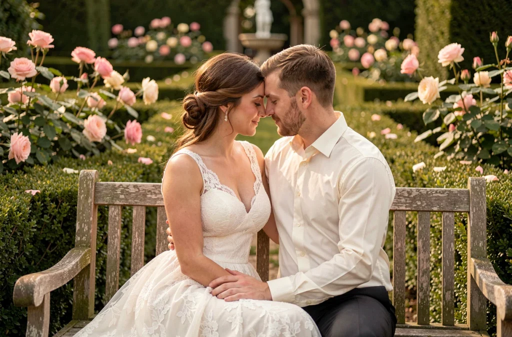 Couple de mariés en séance couple dans un jardin romantique français, photographiés par Photographe Christelle