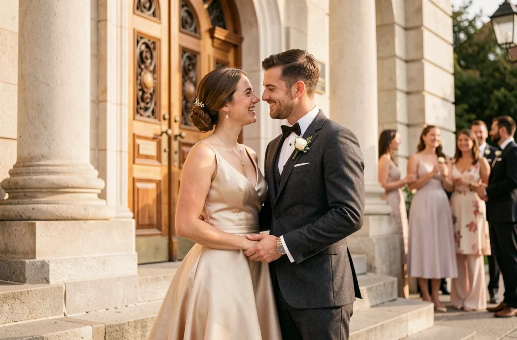 Photographe de mariage capturant un couple devant la mairie de Drancy lors d'une cérémonie de reportage