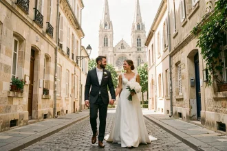 Couple de mariés marchant dans les rues historiques d'Orléans avec la cathédrale Sainte-Croix en arrière-plan