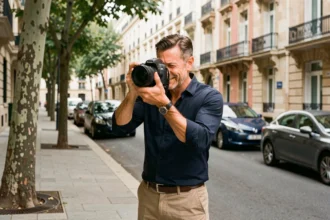 Photographe professionnel en plein shooting de portrait dans une rue de Drancy avec architecture parisienne en arrière-plan