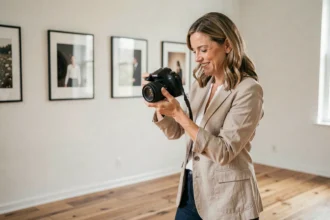 Photographe professionnelle à Brignais consultant ses photos sur un appareil photo dans son studio