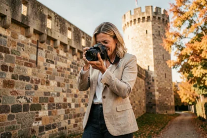 Photographe professionnelle devant les remparts médiévaux de Provins en automne, appareil photo à la main