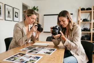 Photographe professionnelle à Saint-Louis en consultation avec un client dans un studio moderne, révisant des photos sur un appareil photo