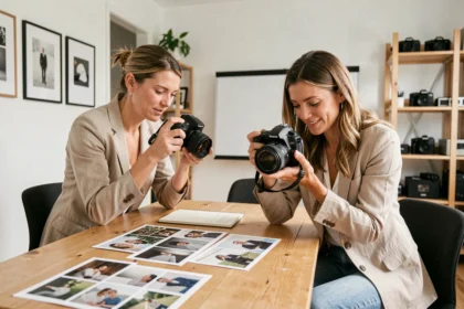 Photographe professionnelle à Saint-Louis en consultation avec un client dans un studio moderne, révisant des photos sur un appareil photo