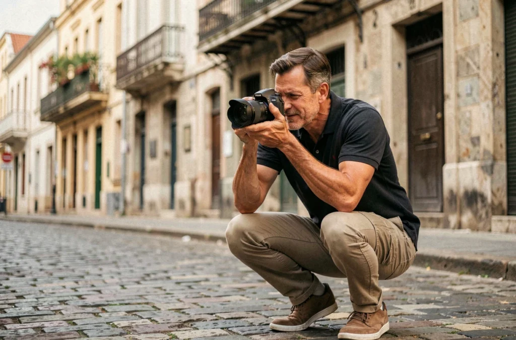 Photographe professionnel en plein air à Saint-Louis capturant un couple dans une rue historique pavée