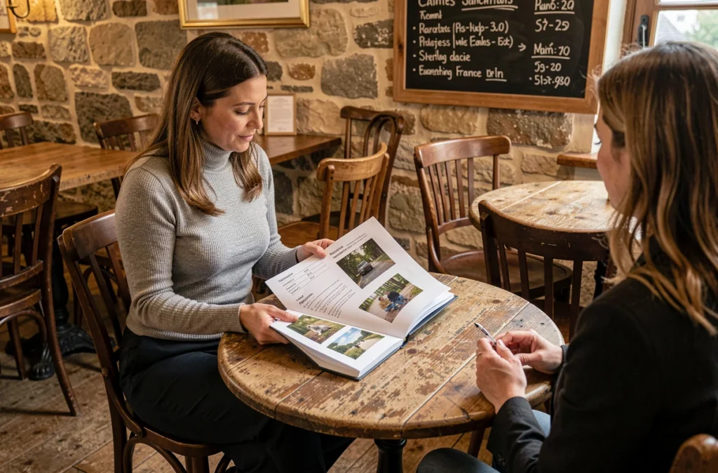 Photographe présentant ses tarifs et son portfolio à un client dans un café de Saintes
