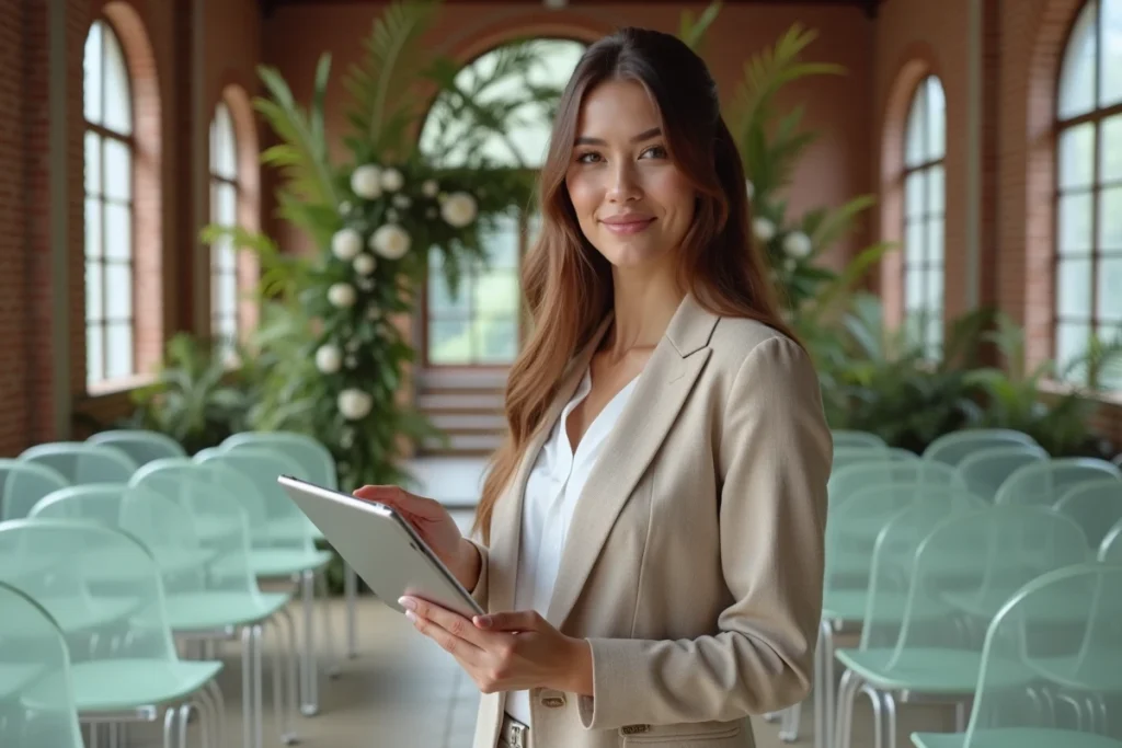Femme consultant une application de planification de mariage dans un lieu de réception décoré d'arches florales tendance