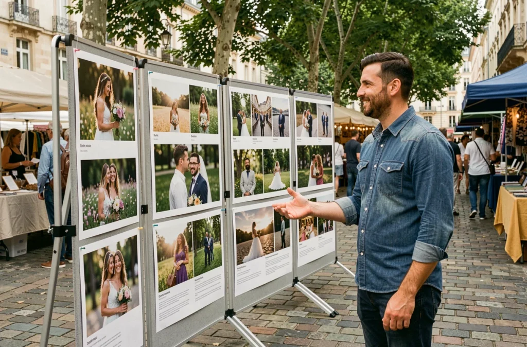 Stand de portfolio d'un photographe professionnel à une foire créative en plein air à Saint-Louis