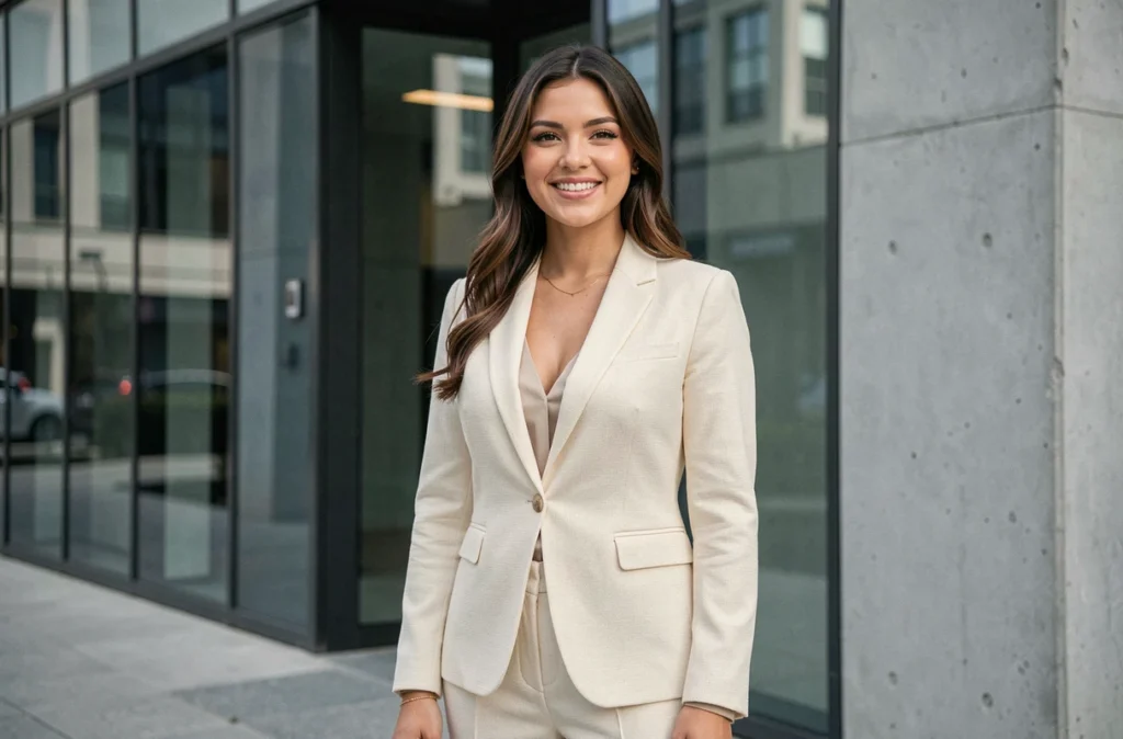 Portrait professionnel d'une femme devant un bâtiment moderne à Drancy pour un shooting corporate