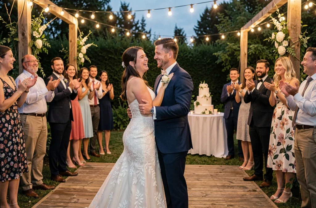 Mariés dansant au son de la musique lors de l'arrivée du gâteau de mariage en extérieur