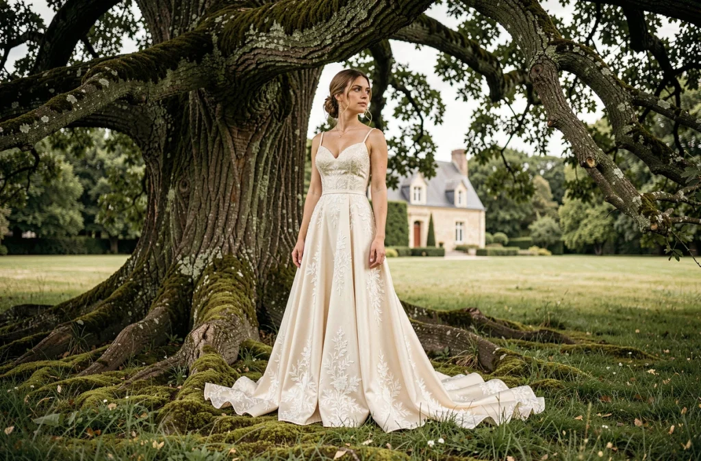 Mariée posant seule sous un vieux chêne dans un domaine de la Loire lors d'un reportage artistique par Raphaëlle Fava