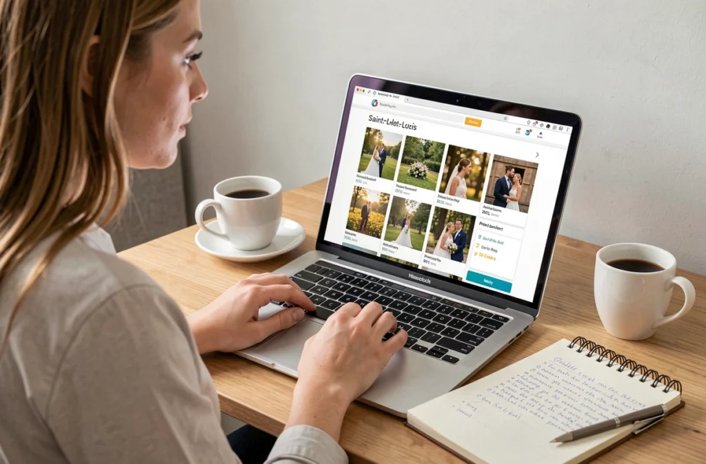 Jeune femme recherchant un photographe à Saint-Louis sur un ordinateur portable dans un bureau à domicile