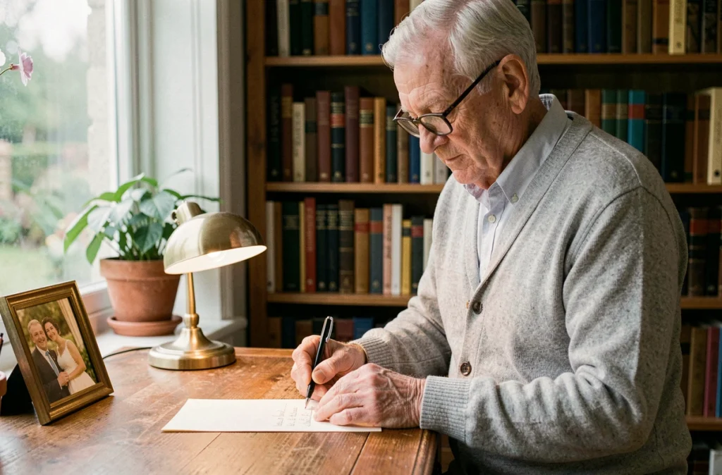 Homme âgé rédigeant un discours pour les 50 ans de mariage à son bureau en bois dans un bureau cosy