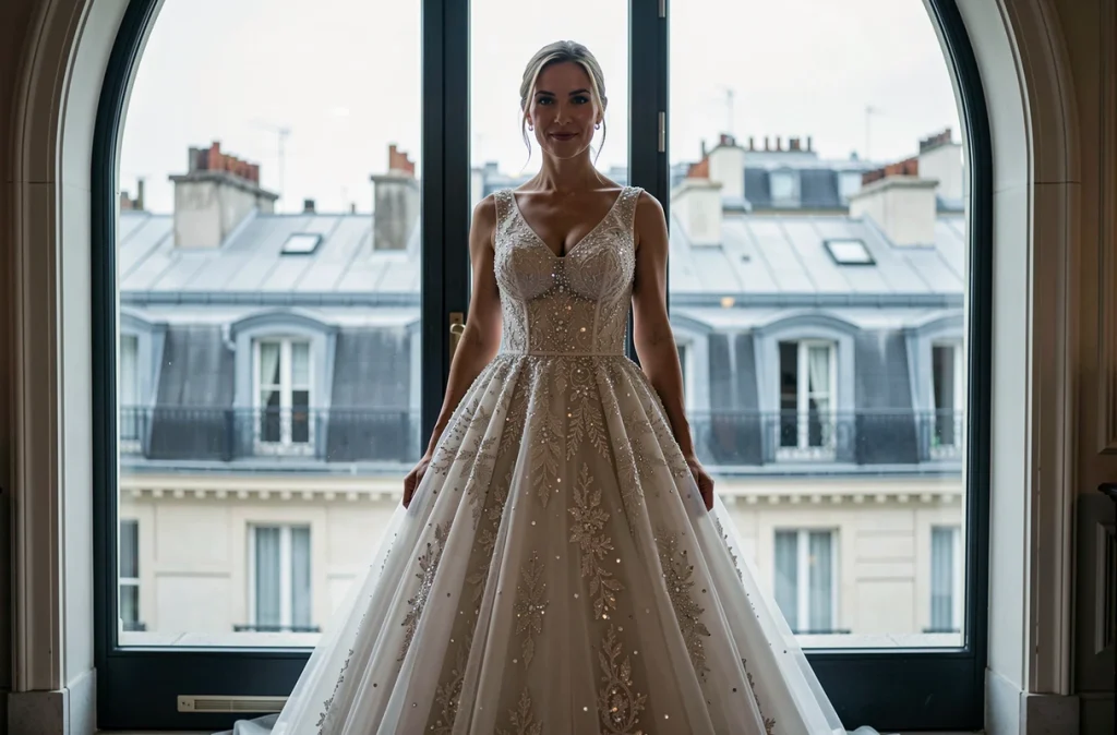 Mariée en robe de bal paillettes et strass devant une fenêtre avec vue sur Paris pour un mariage civil sophistiqué
