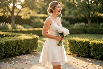 Mariée portant une courte robe de mariage en dentelle ivoire dans un jardin fleuri, tenant un bouquet de pivoines blanches, tenue idéale après la cérémonie