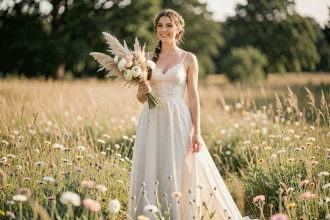 Femme en robe empire ivoire pour mariage bohème dans une prairie fleurie, silhouette affinée par la coupe sous la poitrine