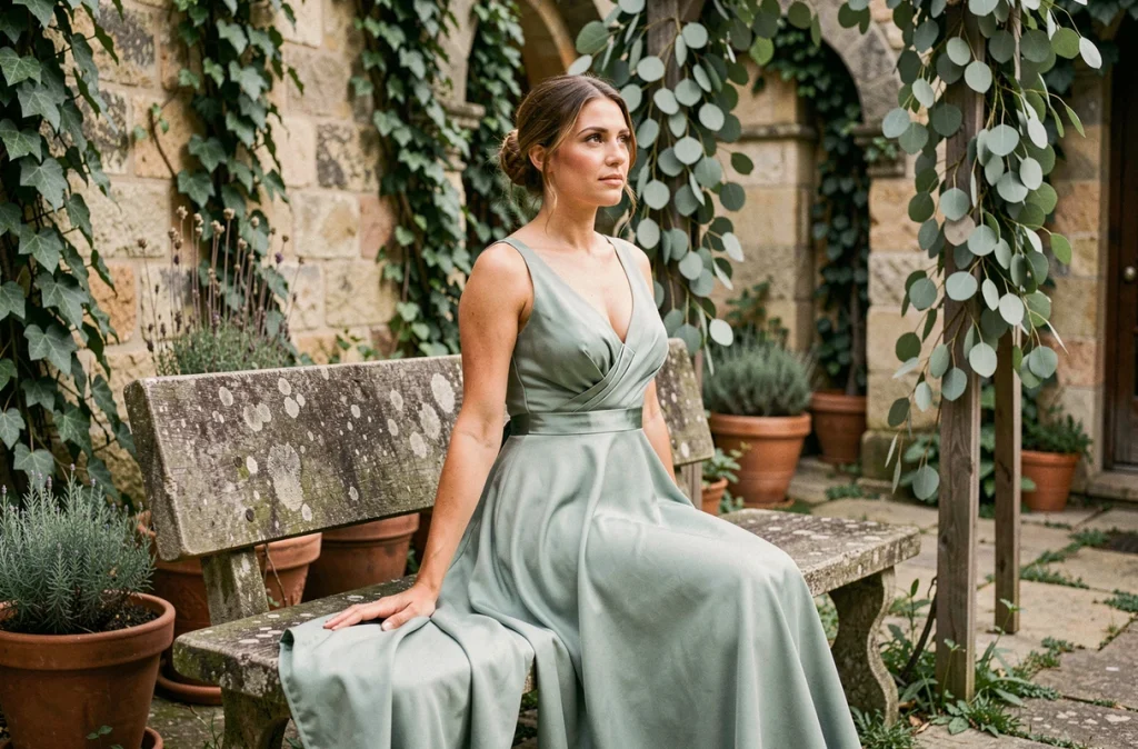 Robe de mariée empire vert sauge en soie chiffon dans un jardin bohème rustique, coupe affinante sous la poitrine