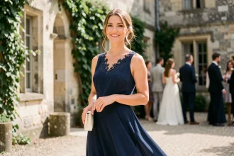 Femme en robe midi bleu marine brodée lors d'une réception de mariage dans la cour d'un château français