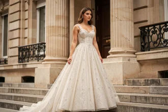 Mariée en robe de princesse à strass et paillettes devant un bâtiment haussmannien pour un mariage civil chic