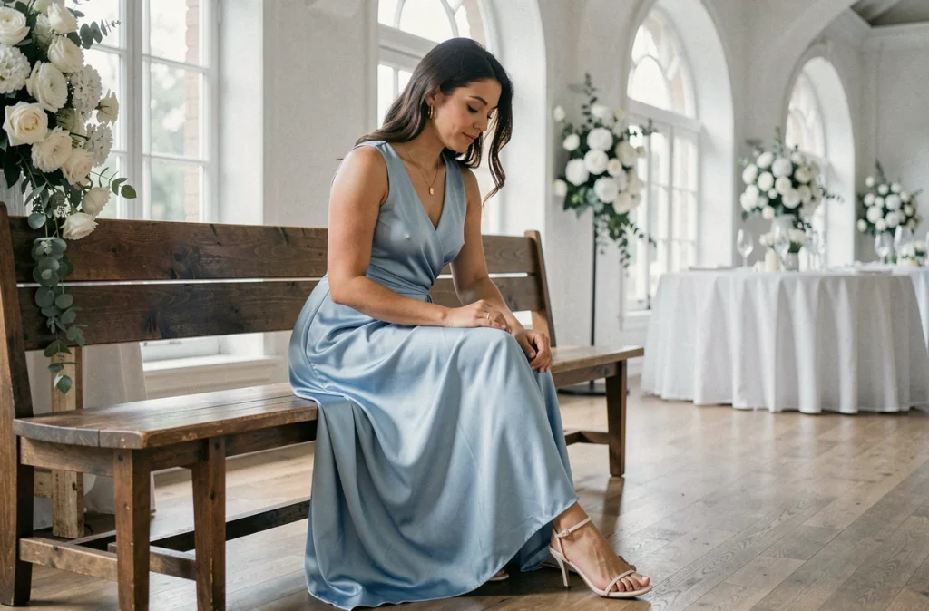 Femme en robe portefeuille bleu poudré assise dans une salle de mariage avec fenêtres en arche et décoration florale