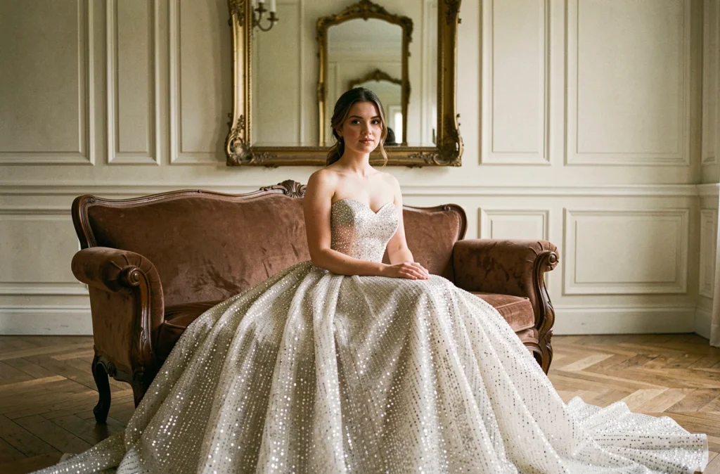 Femme en robe de mariée princesse à sequins et strass assise dans une mairie décorée pour un mariage civil élégant