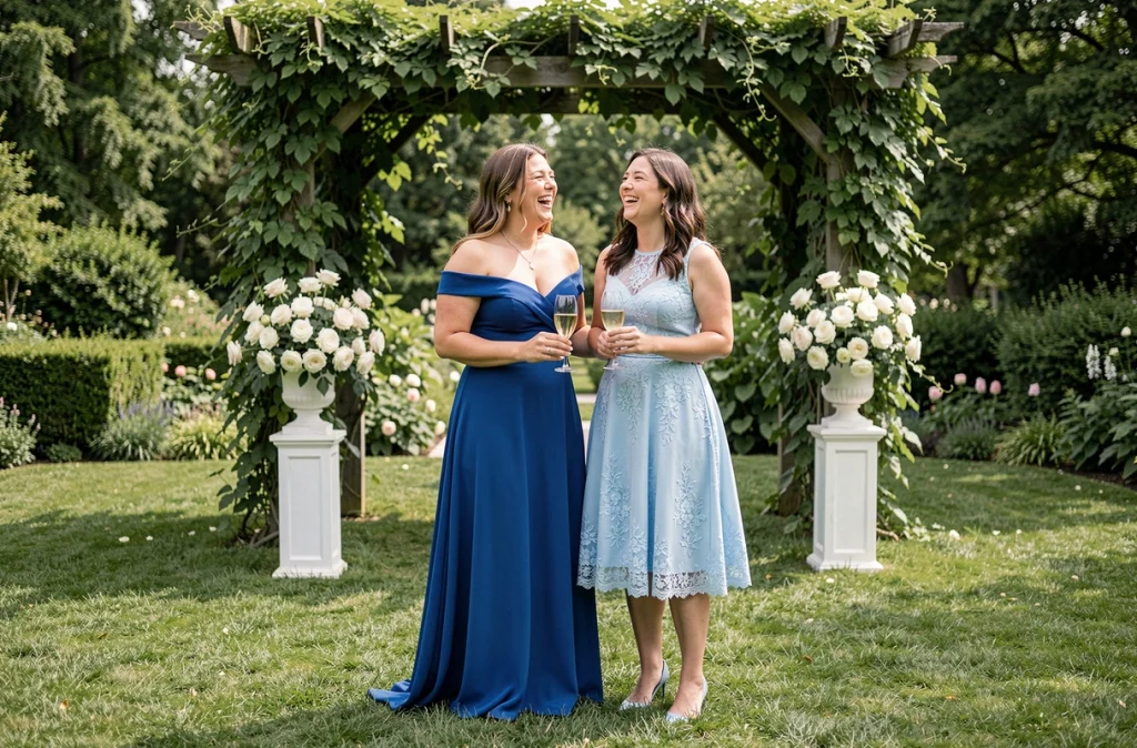 Deux femmes en robes bleues cobalt et bleu ciel riant ensemble lors d'un mariage en plein air dans un jardin fleuri