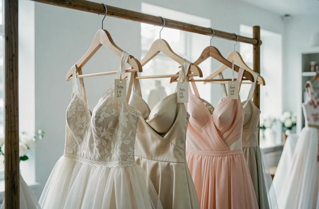 Détail de trois robes de mariée aux textures différentes suspendues sur un portant en bois avec des étiquettes de prix en boutique